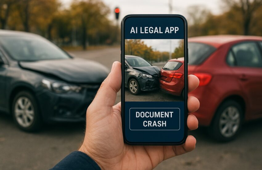 A driver uses one of the best AI legal apps on their smartphone to document a car crash scene for an insurance claim.