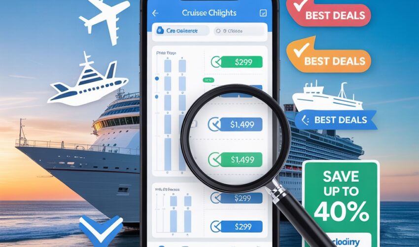 Best apps to compare cruise and flight prices showing smartphone with price comparison charts and travel deals.