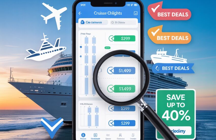 Best apps to compare cruise and flight prices showing smartphone with price comparison charts and travel deals.