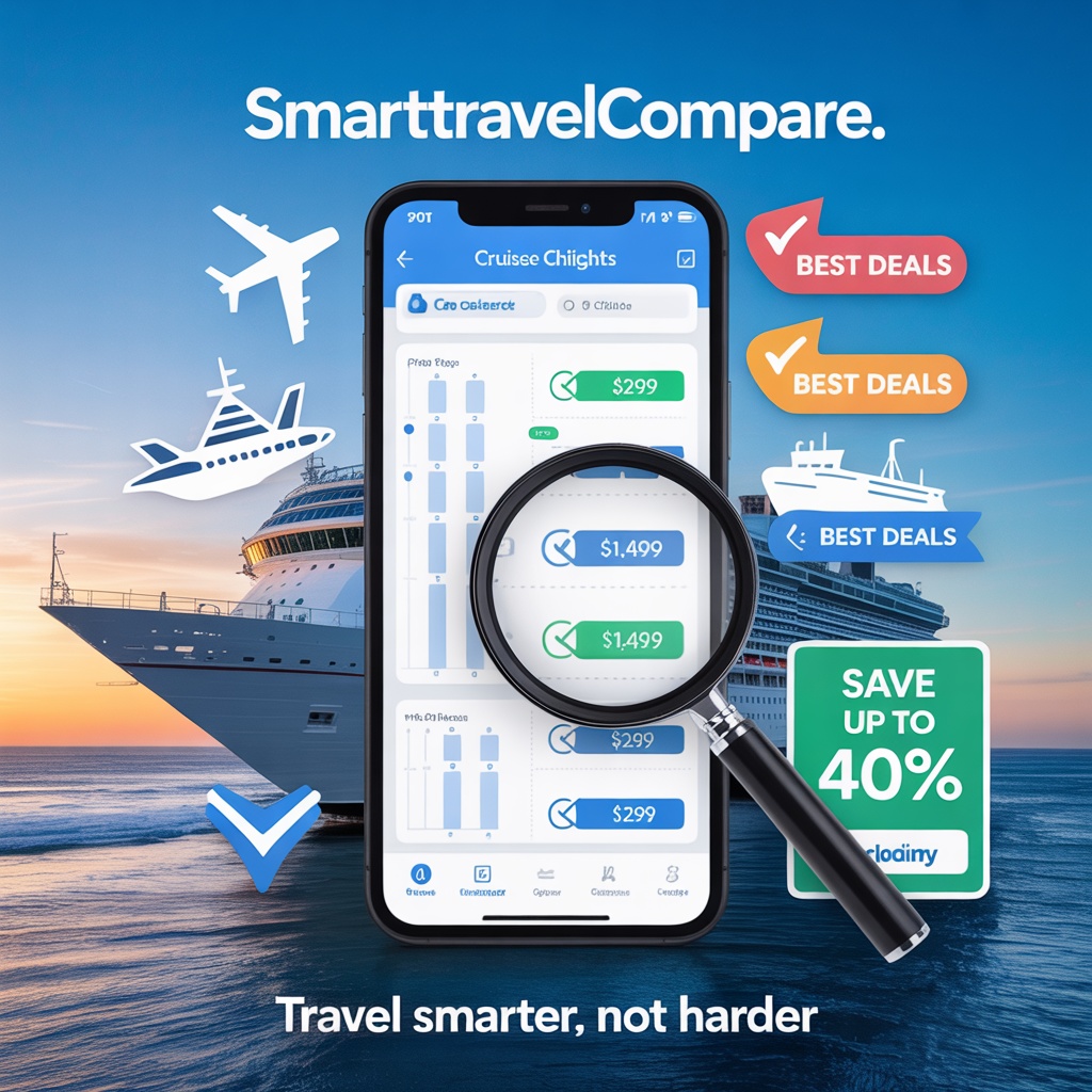 Best apps to compare cruise and flight prices showing smartphone with price comparison charts and travel deals.