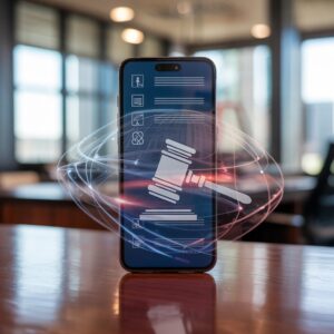 A smartphone on a wooden table displays a glowing hologram of a judge's gavel, conceptualizing the theme of the Top AI-Powered Legal Apps for Accident Cases with a futuristic and modern aesthetic.