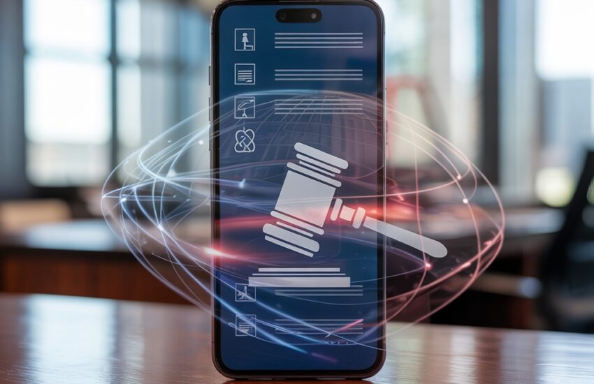 A smartphone on a wooden table displays a glowing hologram of a judge's gavel, conceptualizing the theme of the Top AI-Powered Legal Apps for Accident Cases with a futuristic and modern aesthetic.